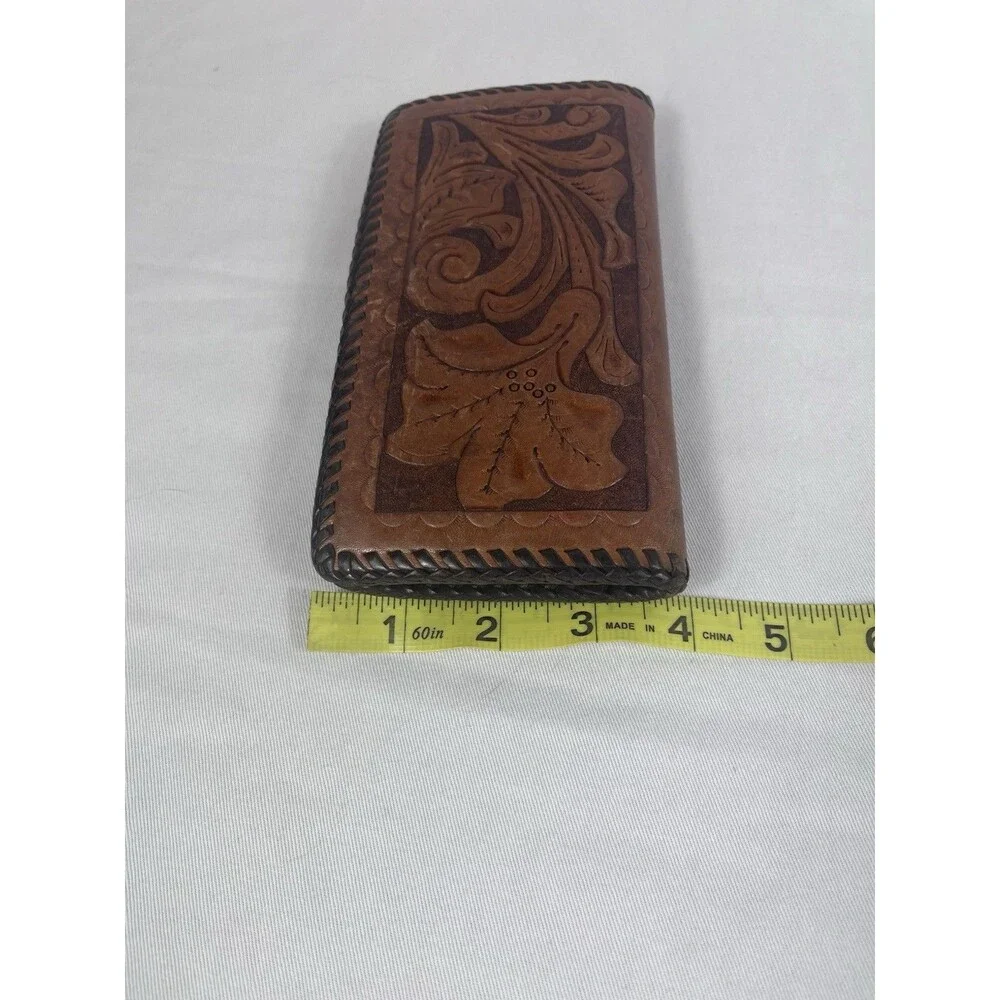 Tooled Brown Leather Unisex Money Wallet Card Checkbook Holder Floral Acorns Vtg